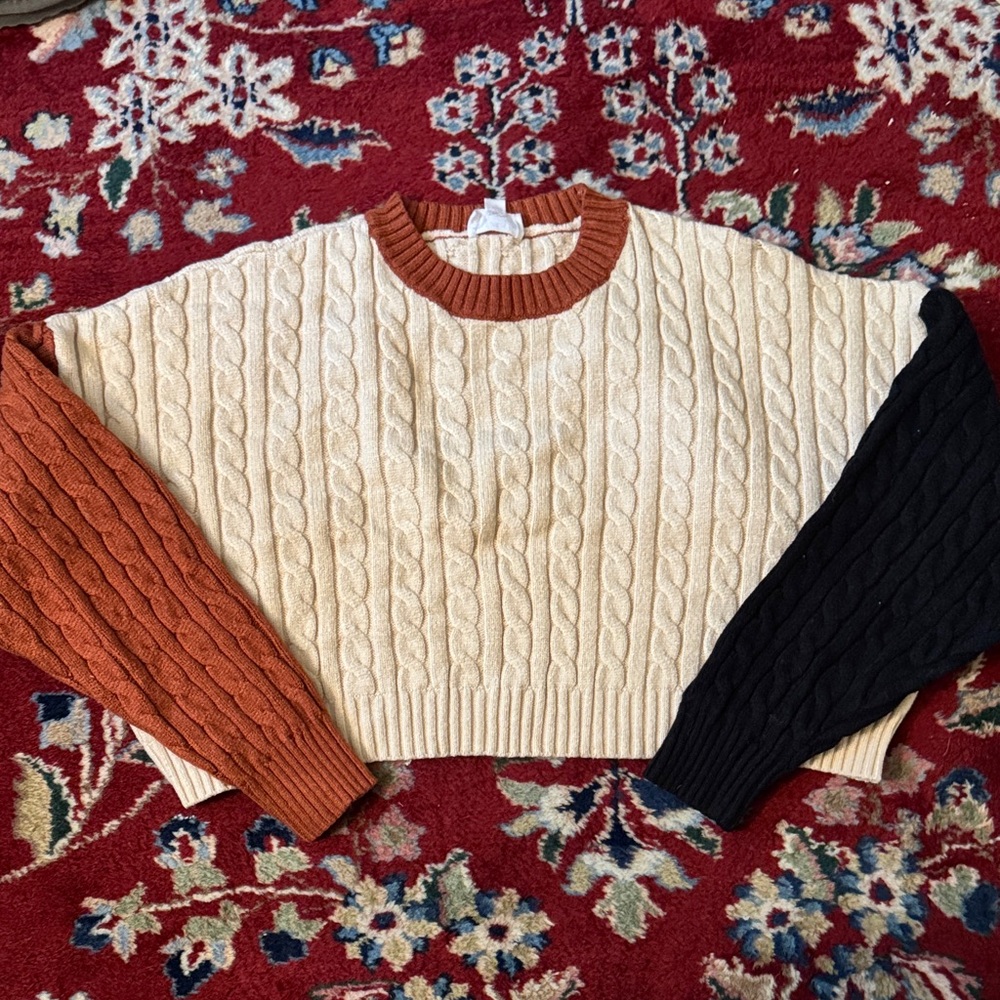 Cropped Multicolor Cable Knit Sweater
